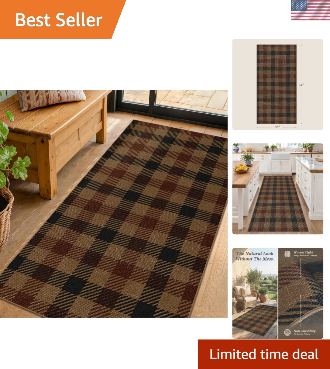 Durable Flat Woven 3×6 Rug – Retro Buffalo Plaid for Indoor & Outdoor Use