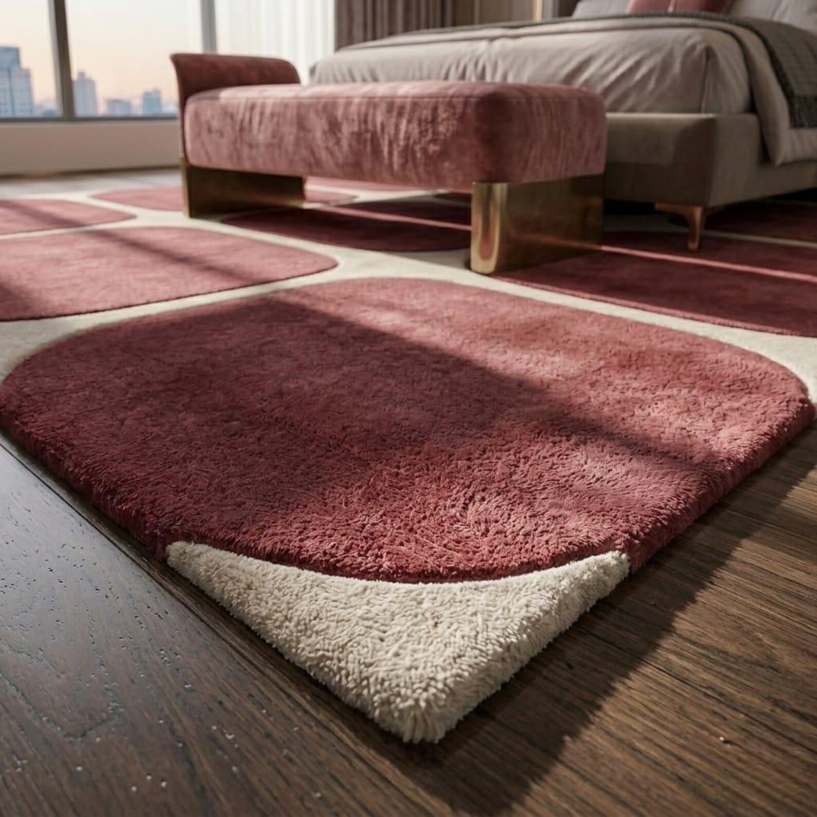 Modern Geometric Wool Rug Rose Pink Burgundy Rounded Block Hand Tufted Area Rug