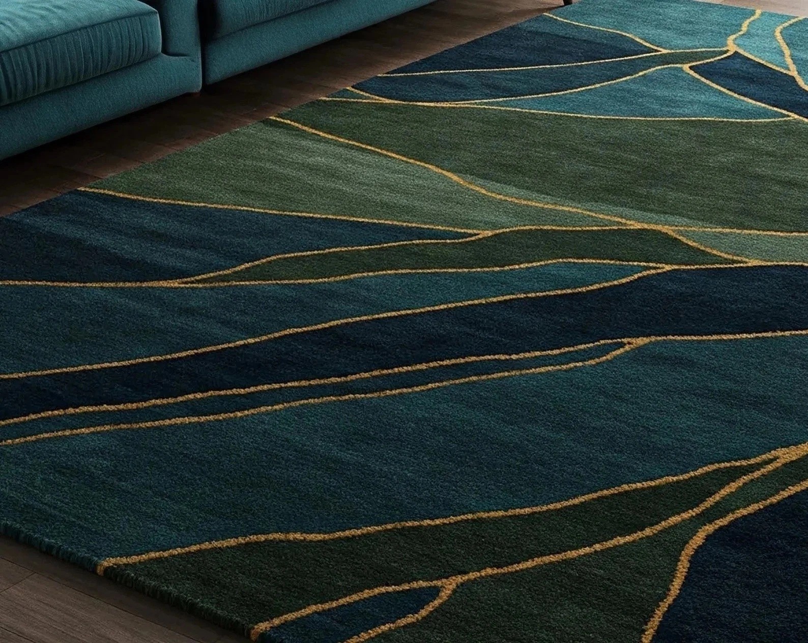 Handmade Carpet Deep Blue Green Abstract Hand Tufted Custom Wool Rug for living.