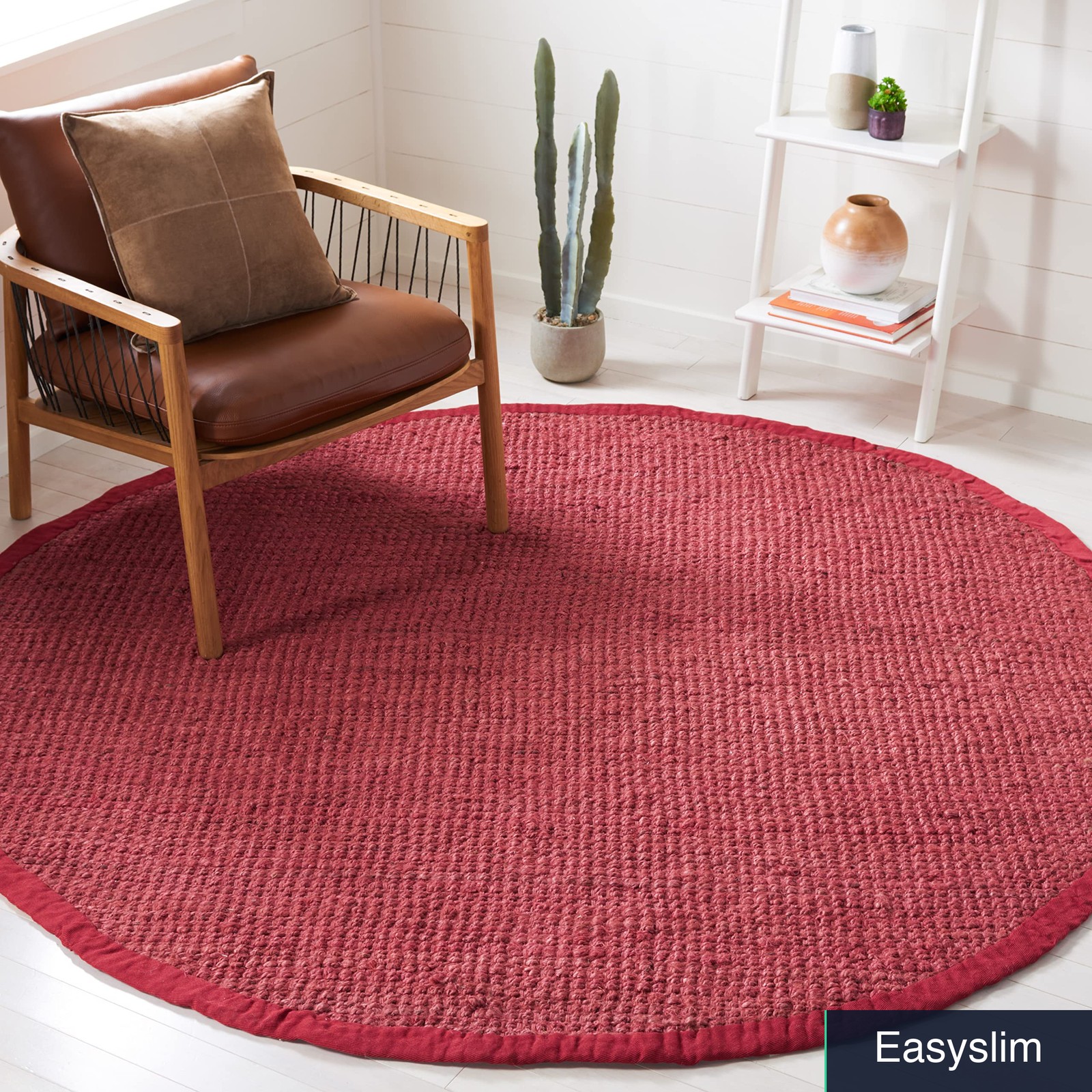 Red Jute Area Rug 4′ Round Handmade Farmhouse Hand-Woven Natural Fiber