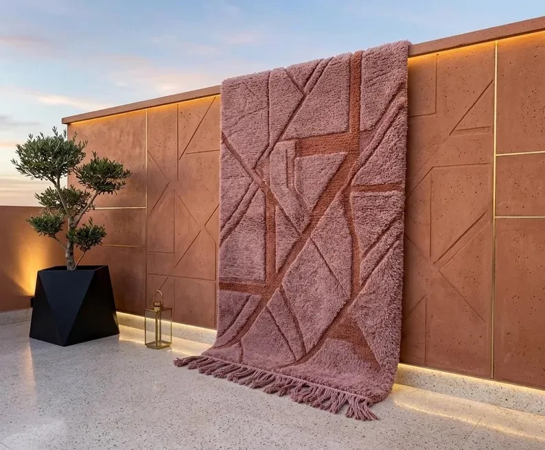 Burgundy Moroccan Rug – Handmade Ivory Wool Berber Rug with Graphic Striped rug