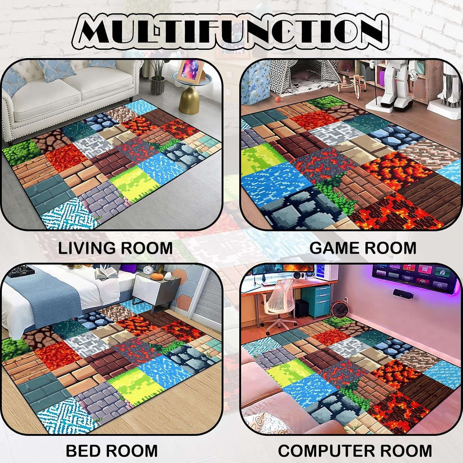 Game Room Rug – Video Game Decor for Boys Bedroom 2’5”x4′ Block Theme Carpet…
