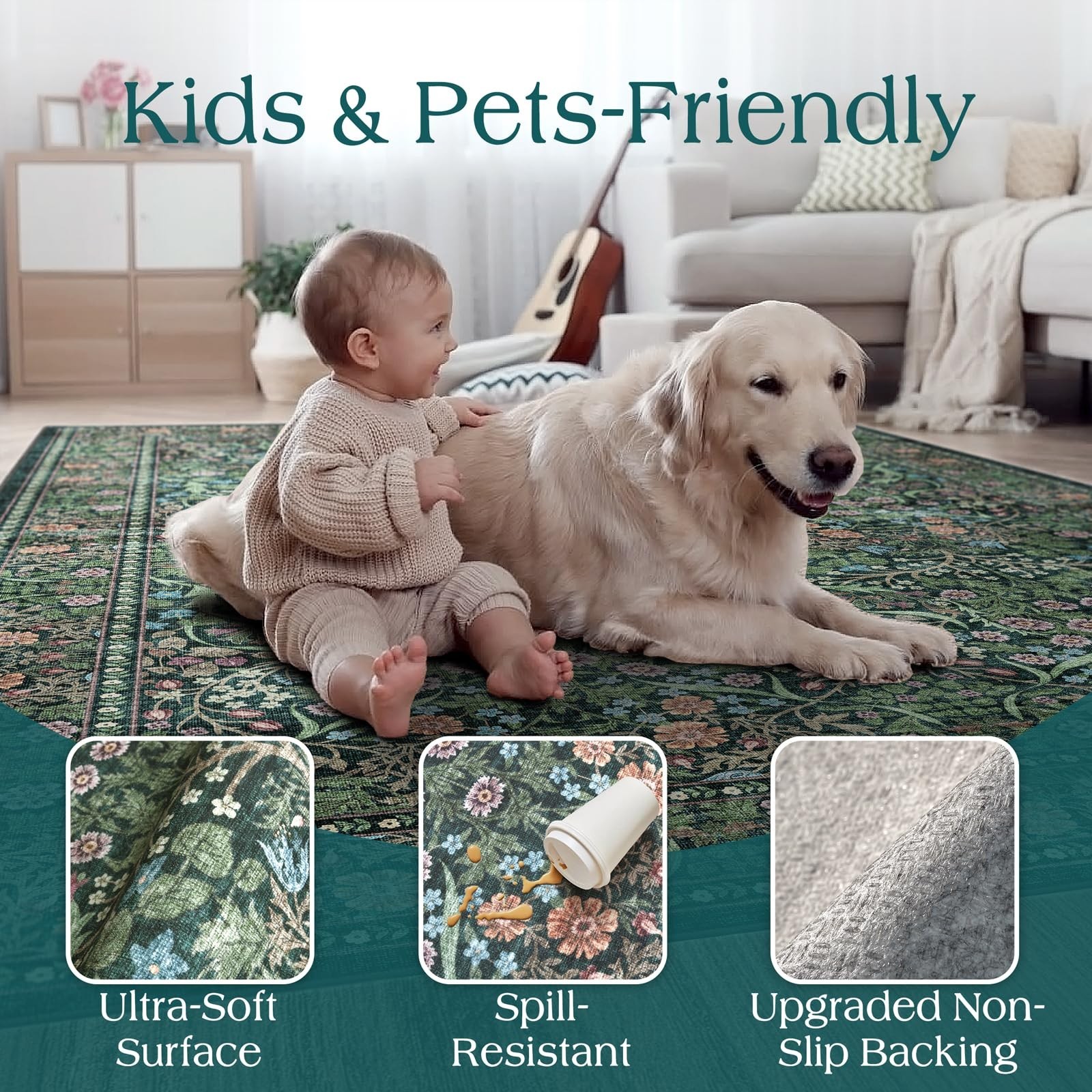 Boho Floral 5×8 Area Rug – Soft Washable, Stain Resistant, Non-Slip Carpet for L