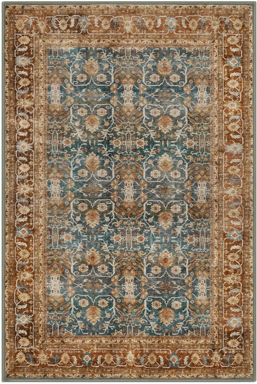 3X5 Washable Area Rug for Entryway, Ocean Rust Soft Tribal Floral Rug with Slip-