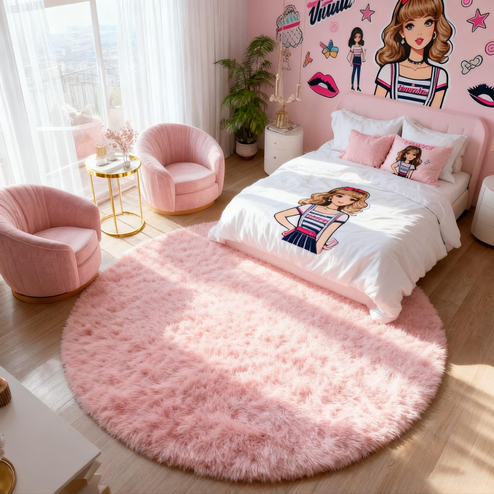 Pink Round Rug 4Ft for Girls Room Kids Bedroom, Fluffy Shaggy Soft Fuzzy Circ…