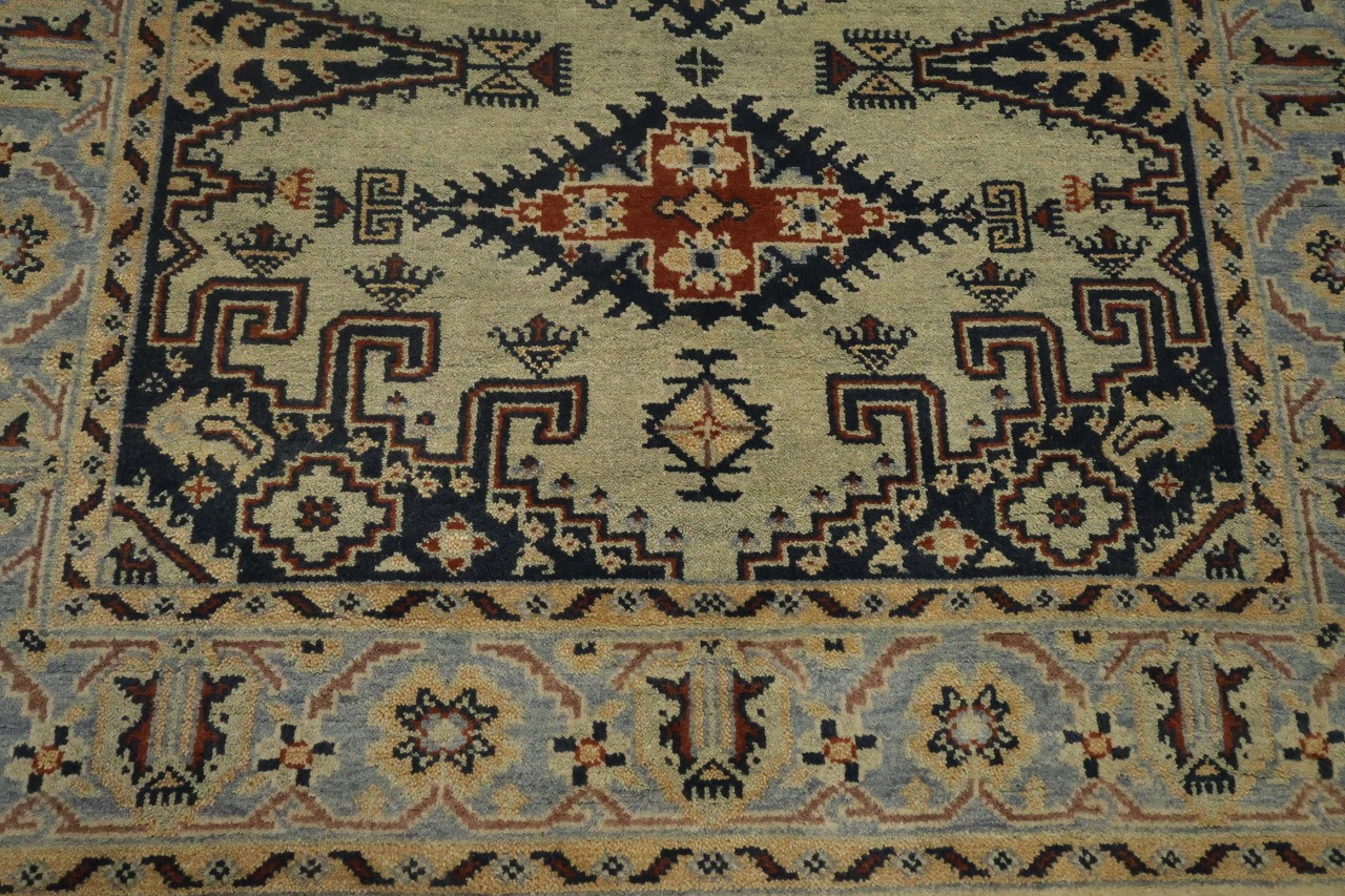 Geometric 5×6 Artisan Traditional Wool Area Rug in Green & Rust Tones
