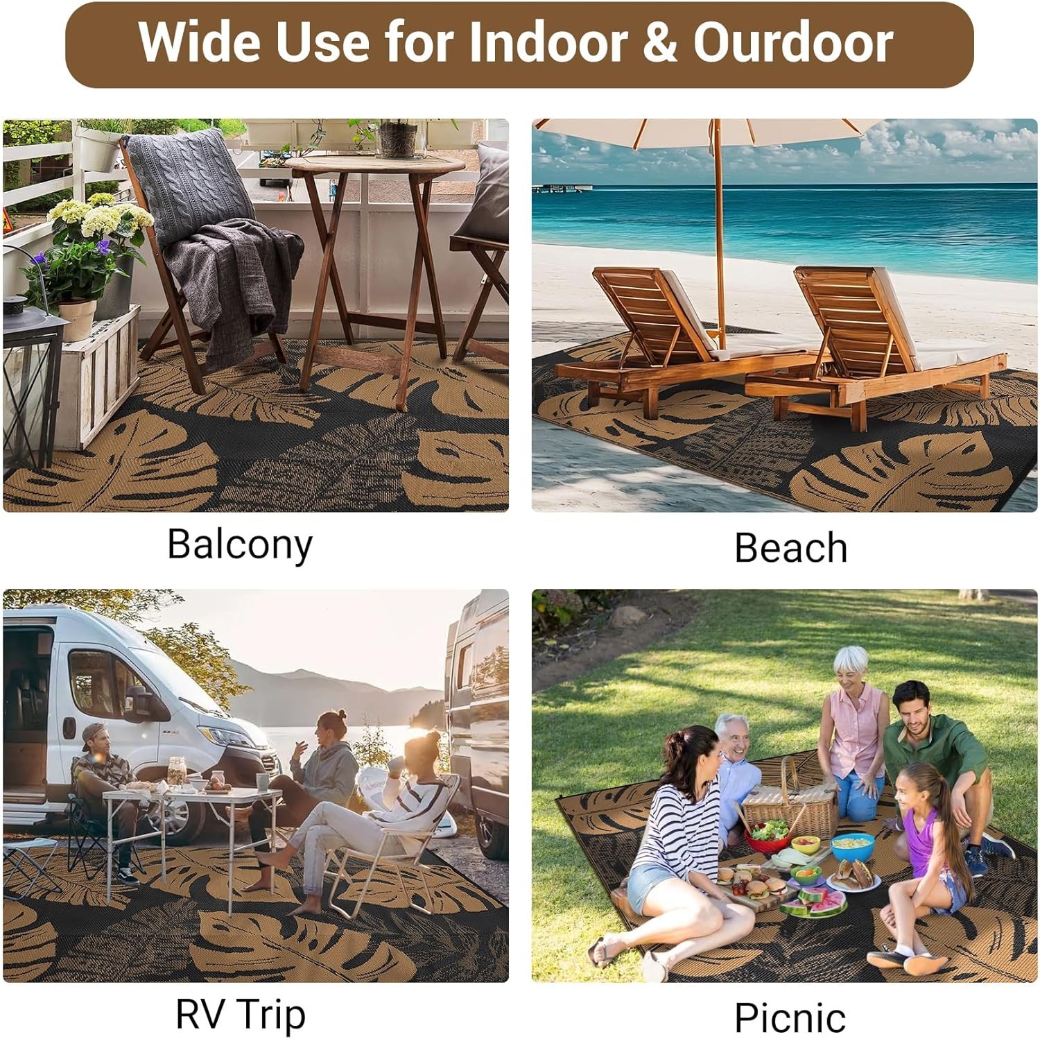Outdoor Patio Rug Plastic Straw Rug RV camping Waterproof Reversible Carpet Mat