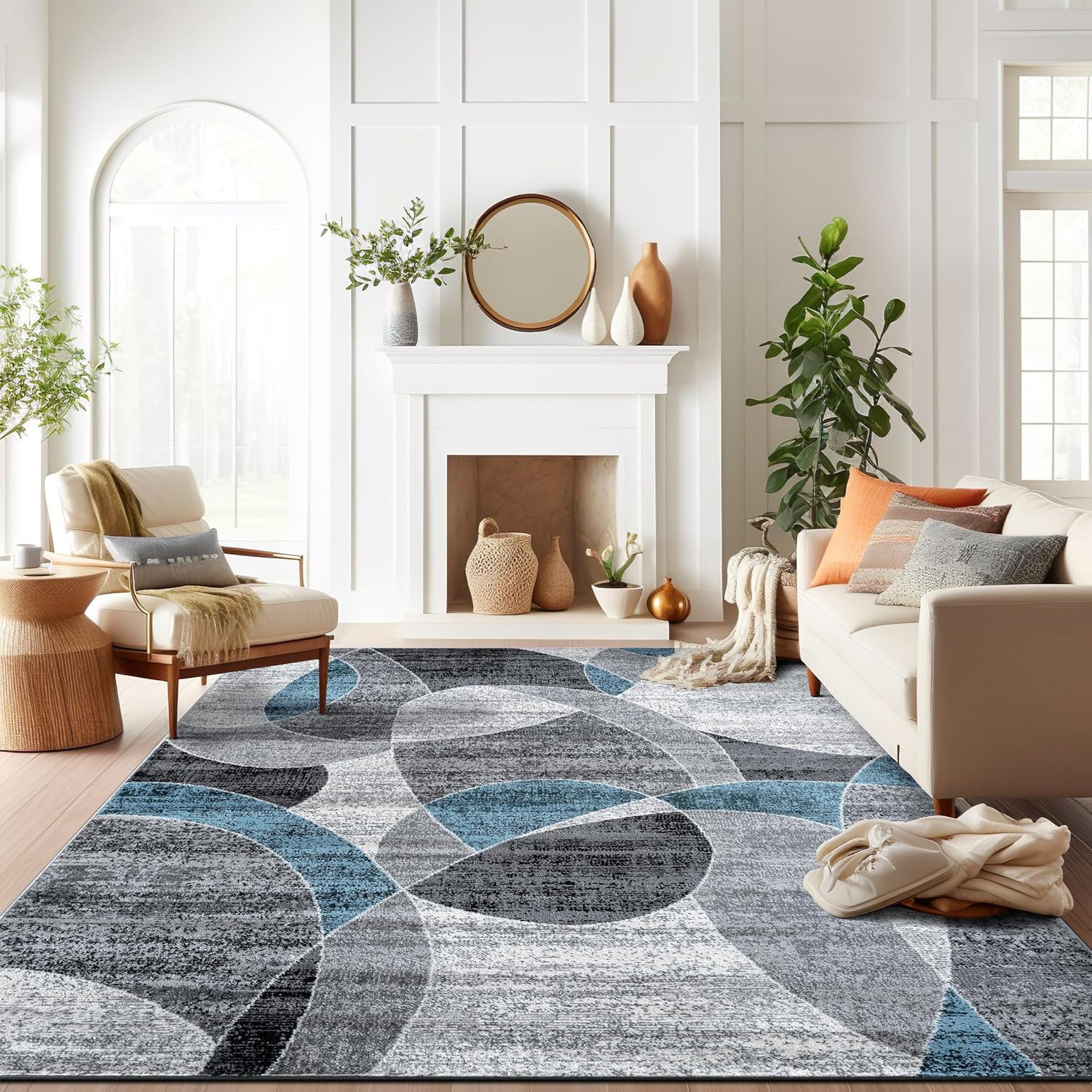 Blue Abstract Circles Non-Shedding Area Rug for Living Room, 7’10” x 10