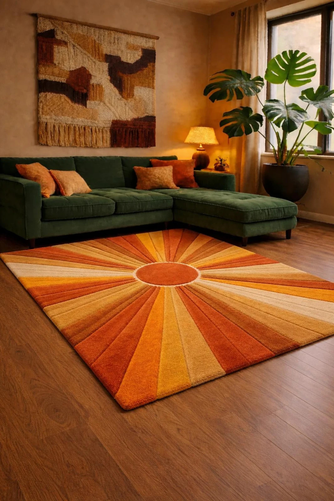 Sunburst Wool Area Rug – Hand Tufted Mid Century Living Room Rug in Burnt Orange