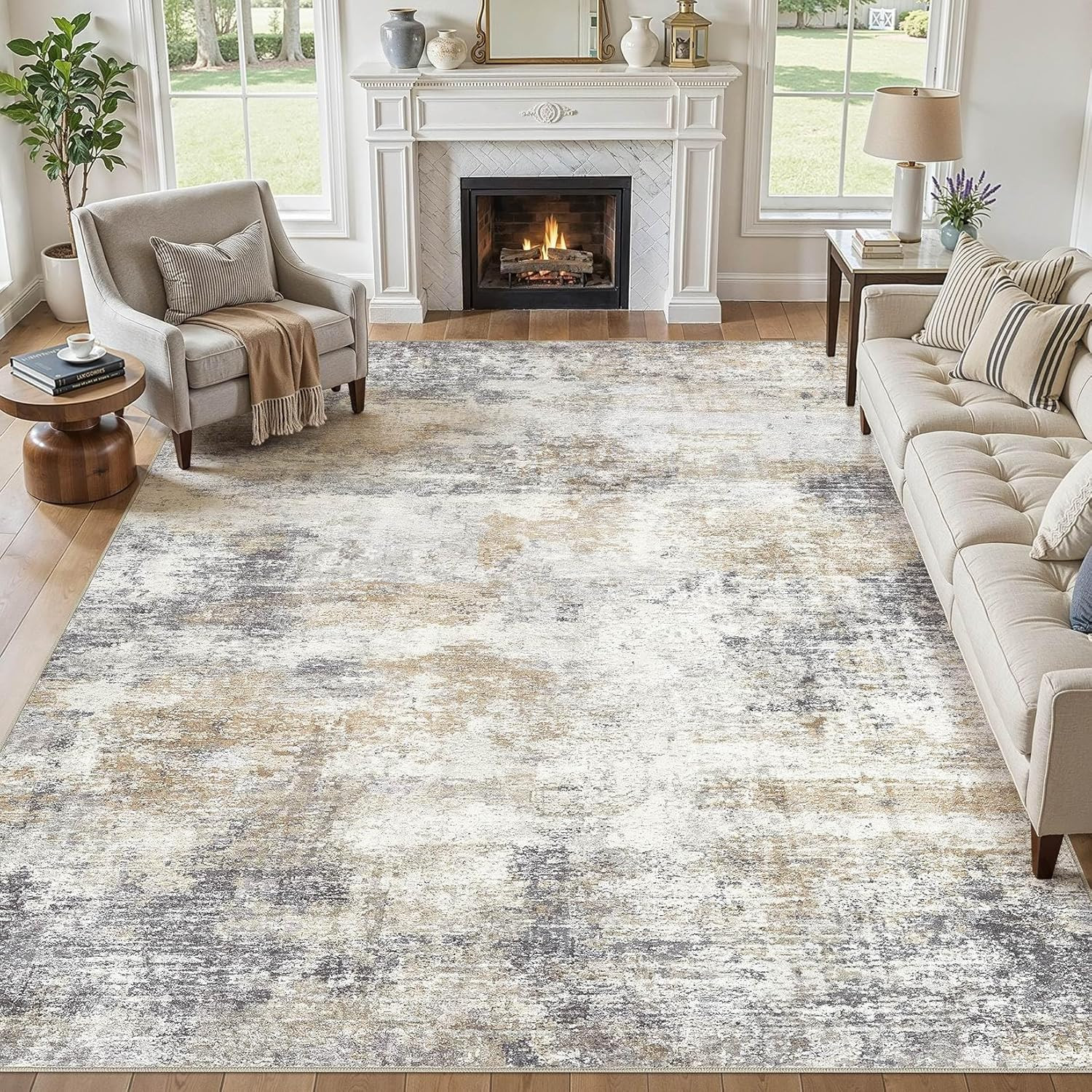 5X7 Area Rugs Living Room – Washable Neutral Modern Abstract Soft Non-Slip Rug I