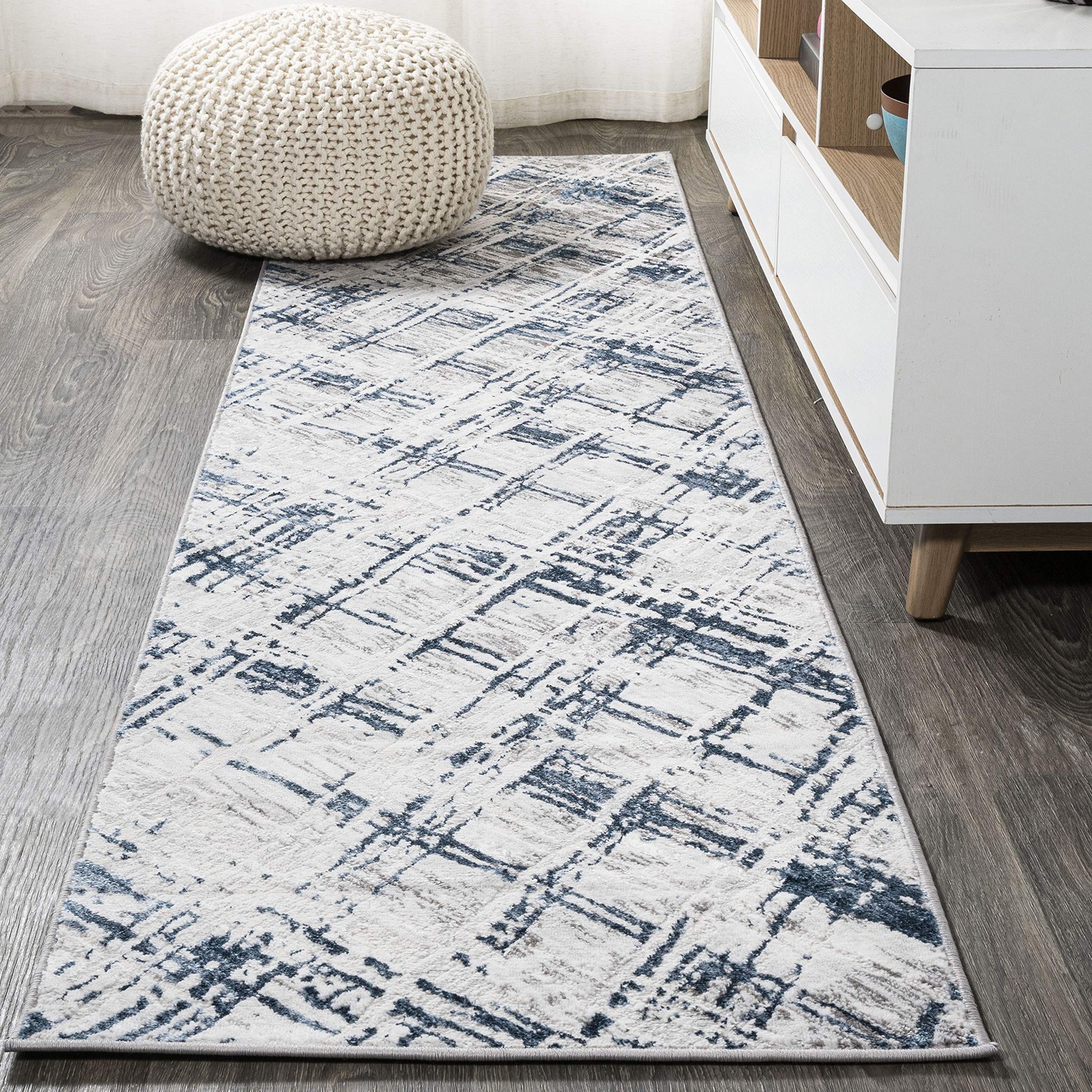 Slant Abstract Gray/Blue Runner Rug 2X10 ft, Modern for Living Room, Bedroom,…