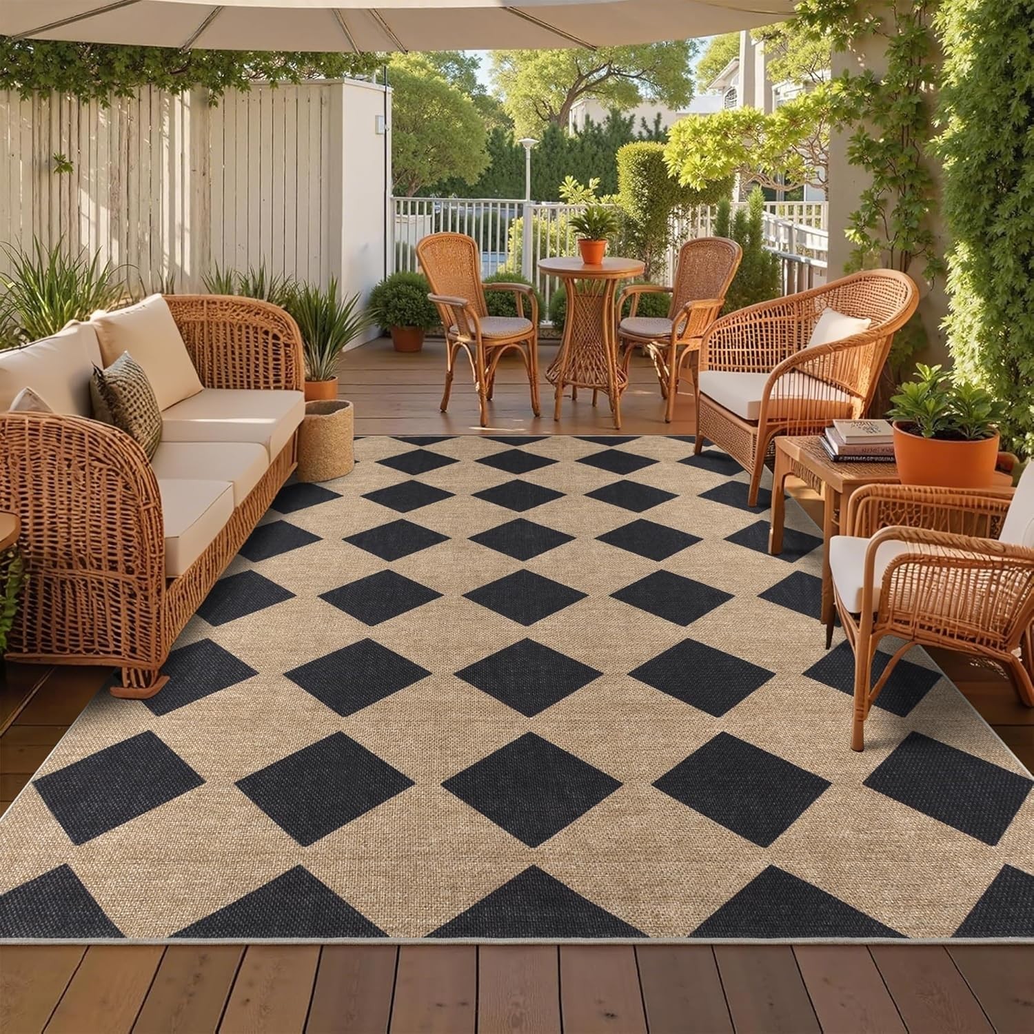 Versatile 8×10 Checkered Jute Rug – Durable & Water-Resistant for Any Room