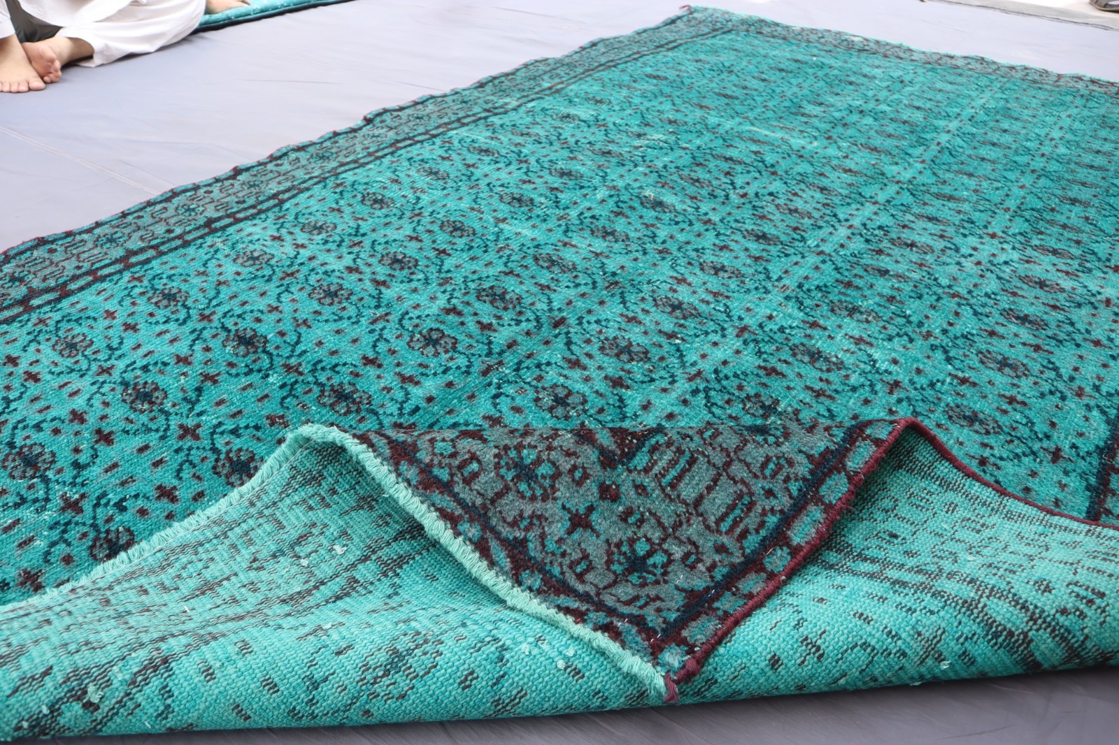 Turquoise Overdyed Rug 5’6×7’10 ft Afghan Handmade Floral Low Pile Kitchen Rug
