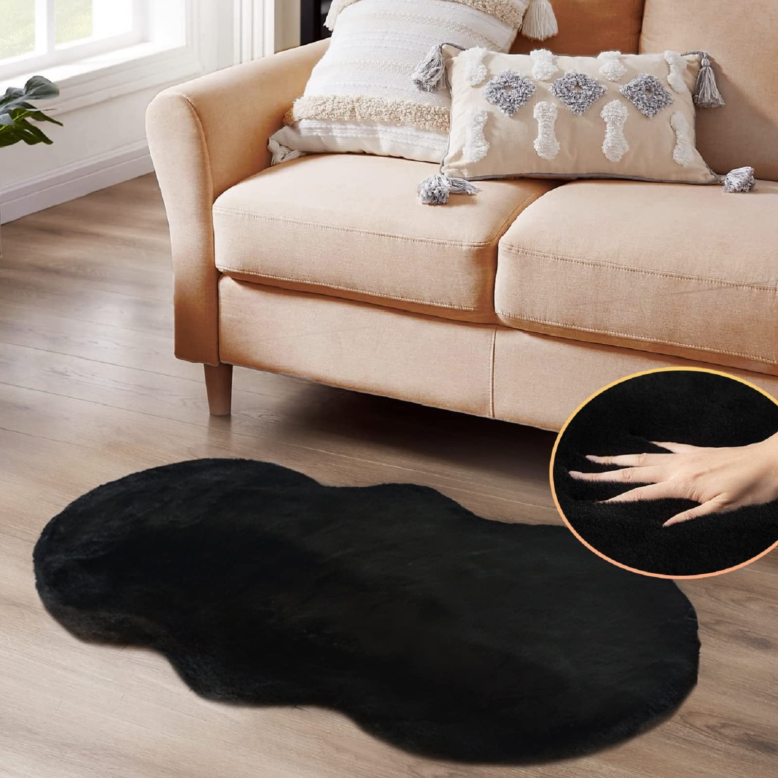 Black Faux Rabbit Fur Area Rug 2×4 ft Small Fluffy Washable Bedroom Decor