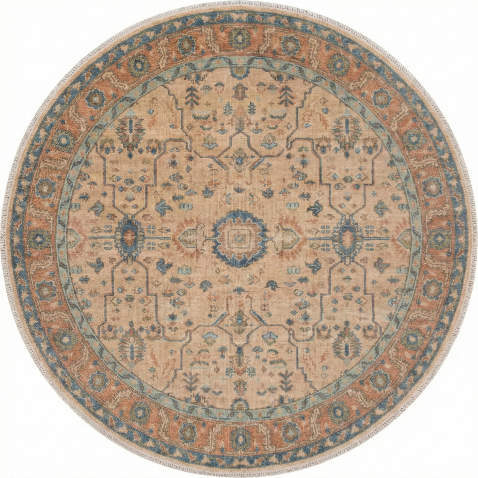 Beige Round Turkish Oushak Rug 6×6 8×8 9×9 10×10 12×12 ft Hand Knotted Wool Rugs