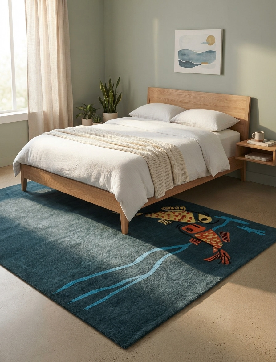 Hand-Tufted Fish Wool Rug Teal Blue Animal Print Area Carpet Living Room 5×8