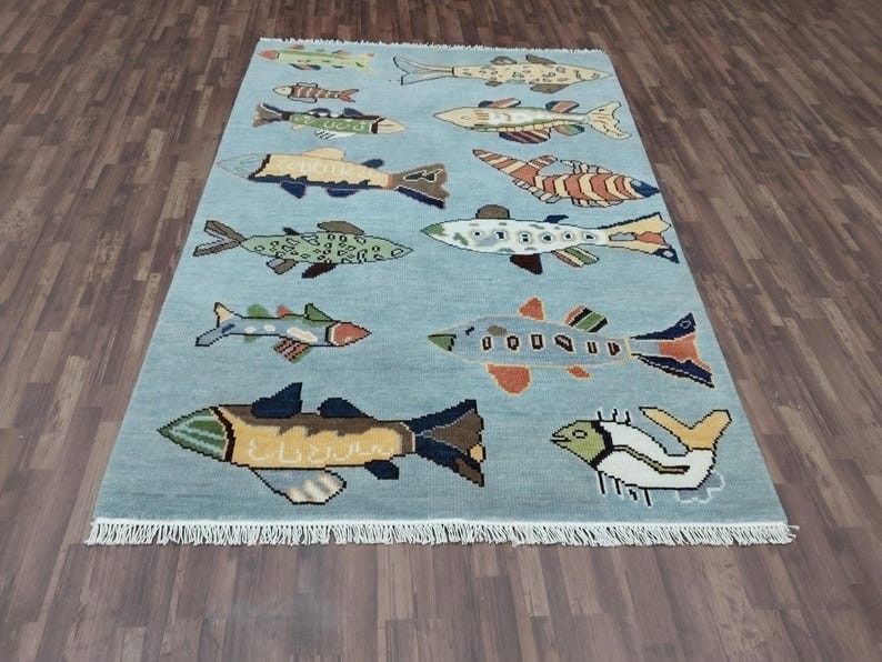 Hand-Knotted Blue Rug with Colorful Fish Coastal Beach House Decor Nautica Rug.