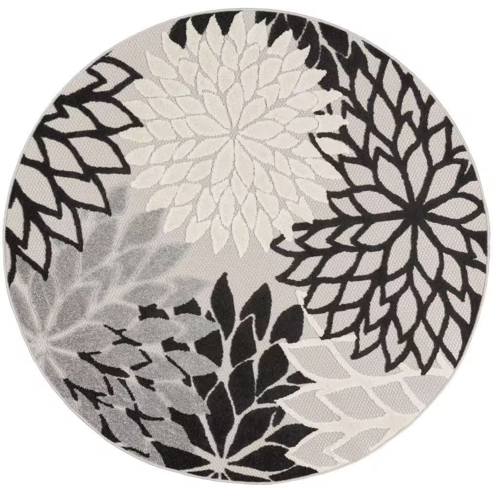 Aloha Contemporary Black White 5 Ft. round Floral Indoor/Outdoor Patio Area Rug