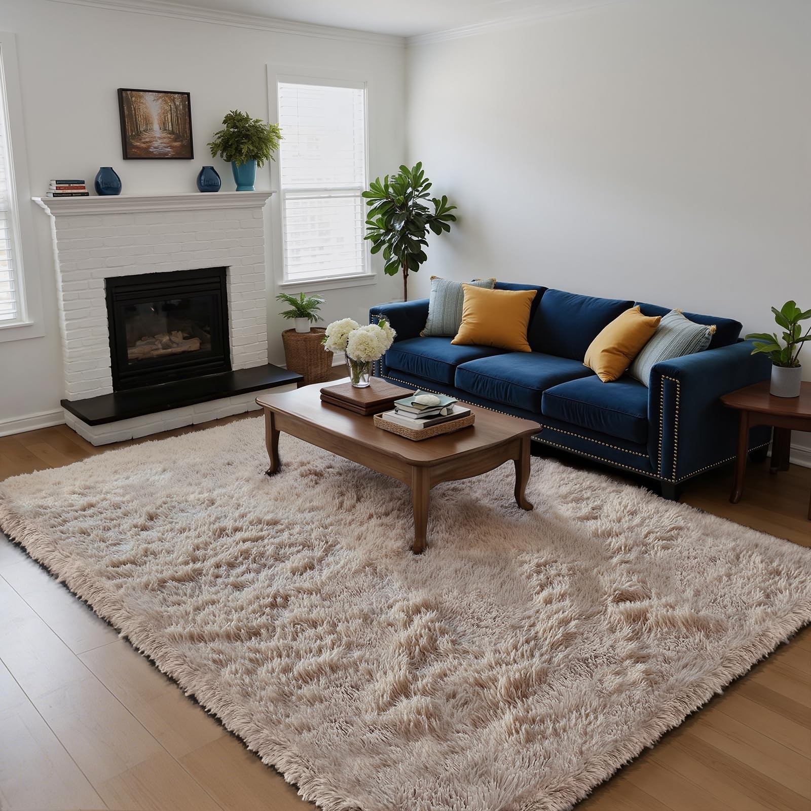 Fluffy Rug Shaggy Area Rug, Beige 5×8 Area Rugs for Bedroom, Small Bedside Rug,