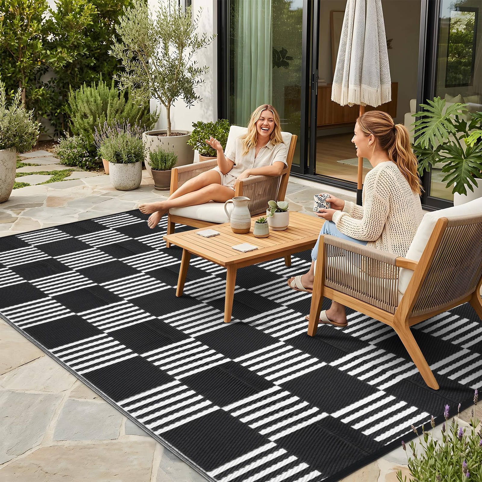 Waterproof Outdoor Rug 6×9, Checkered Foldable Plastic Straw Patio Camping Ru…