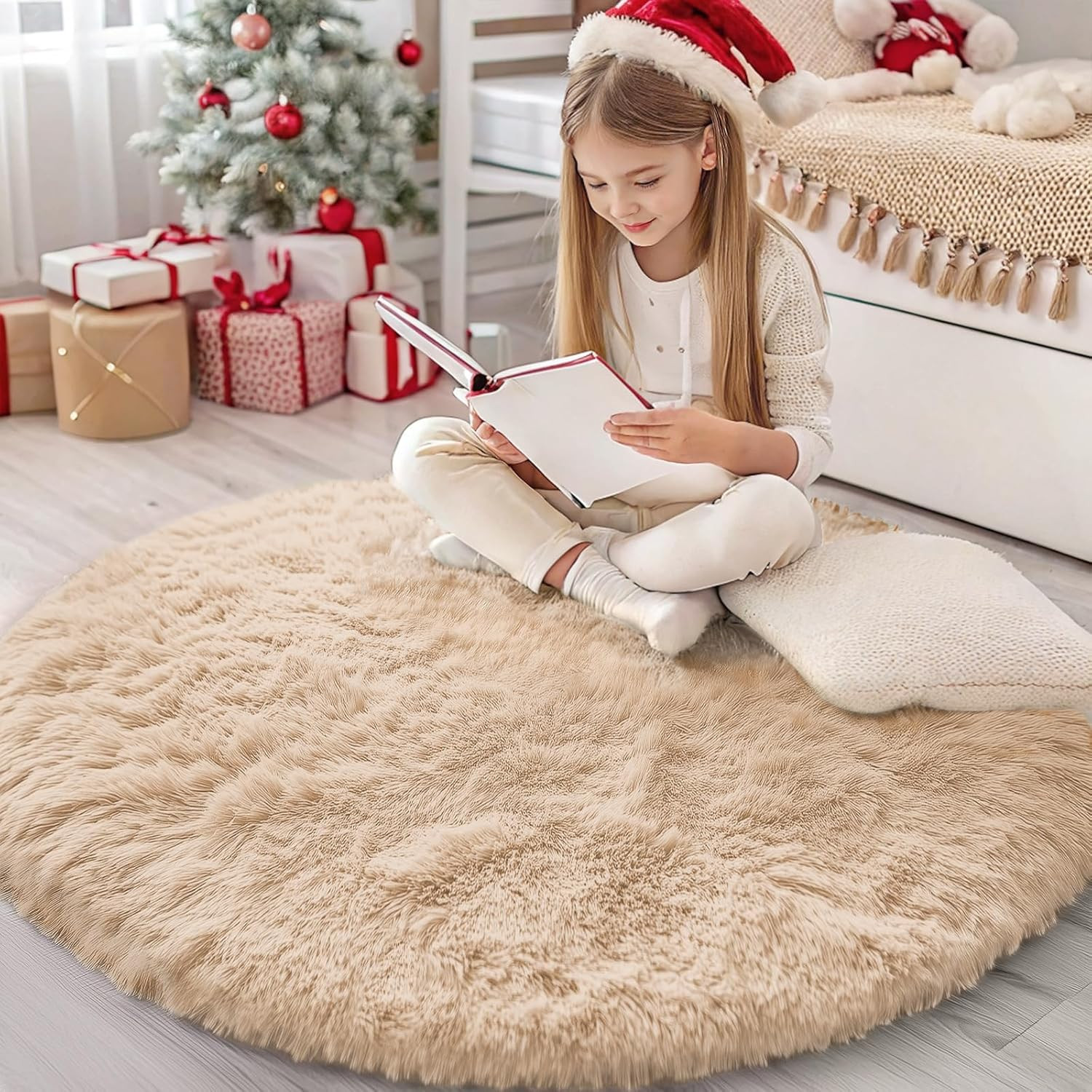Beige round Rugs for Bedroom – Machine Washable, 4 Ft Circle Area Rugs for Livin