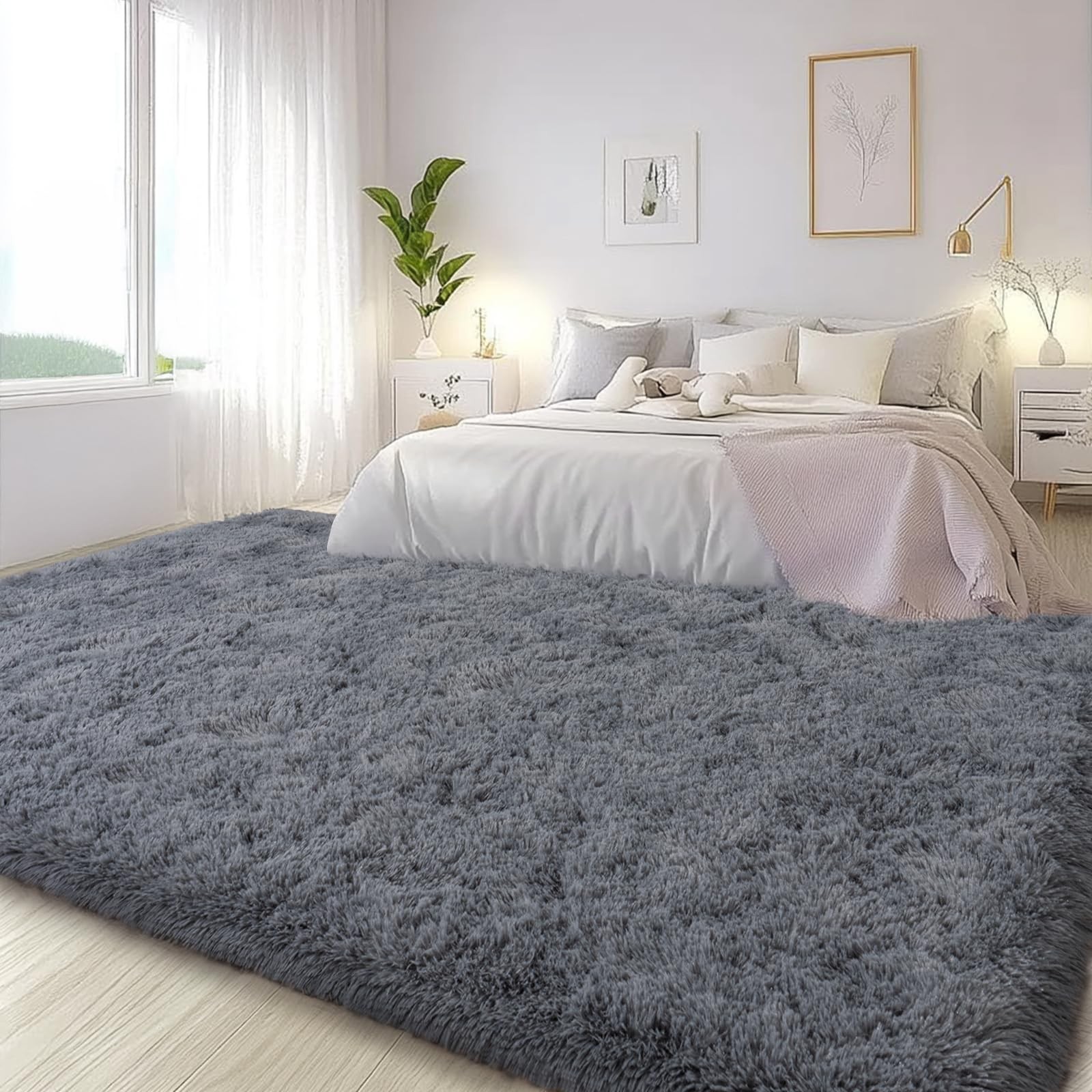Lairep Large Area Rugs for Living Room Bedroom, 6×9 Feet Grey Fluffy Shag Rugs,