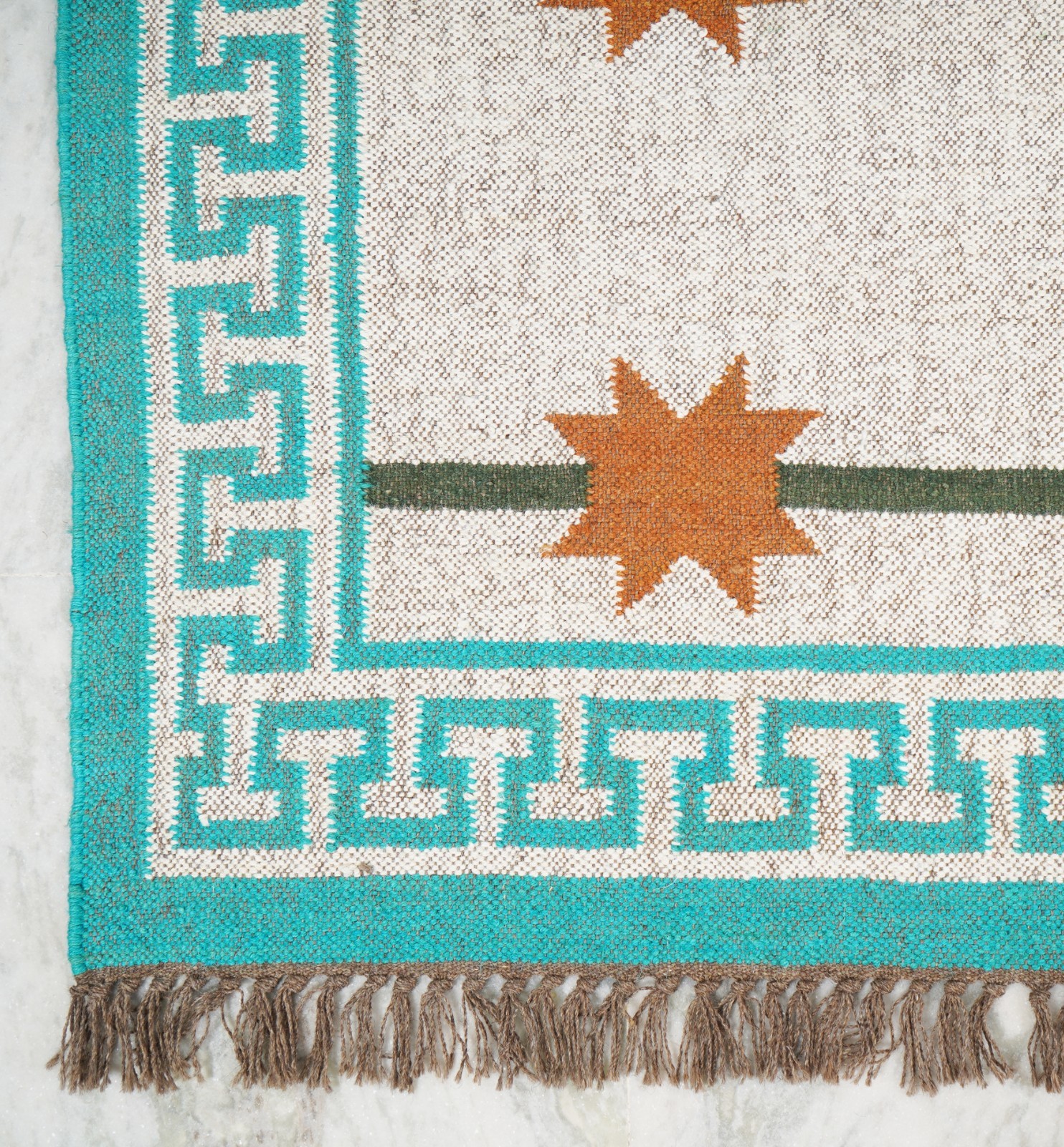 Handwoven Wool Jute Kilim Rug, Rust Brown & Natural Ivory Starburst Area Rug