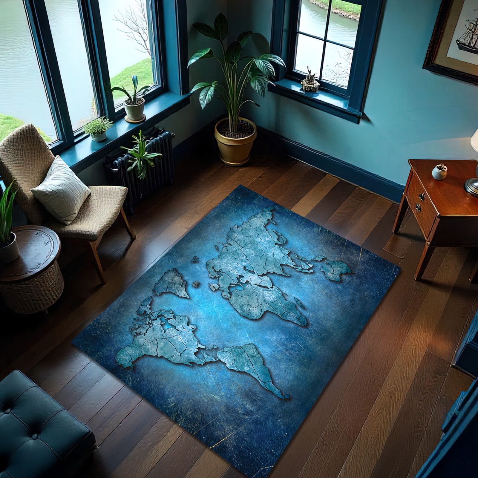 Blue Distressed World Map Rug Vintage Global Carpet Travel Decor Nonslip Mat