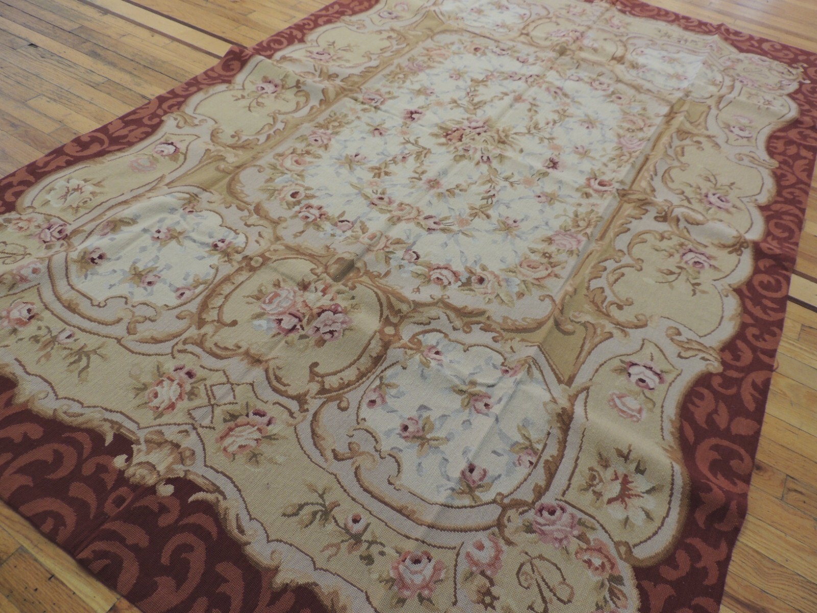 6×9 French Aubusson design Needlepoint Medallion Area Rug Floral Rust Pink Gray