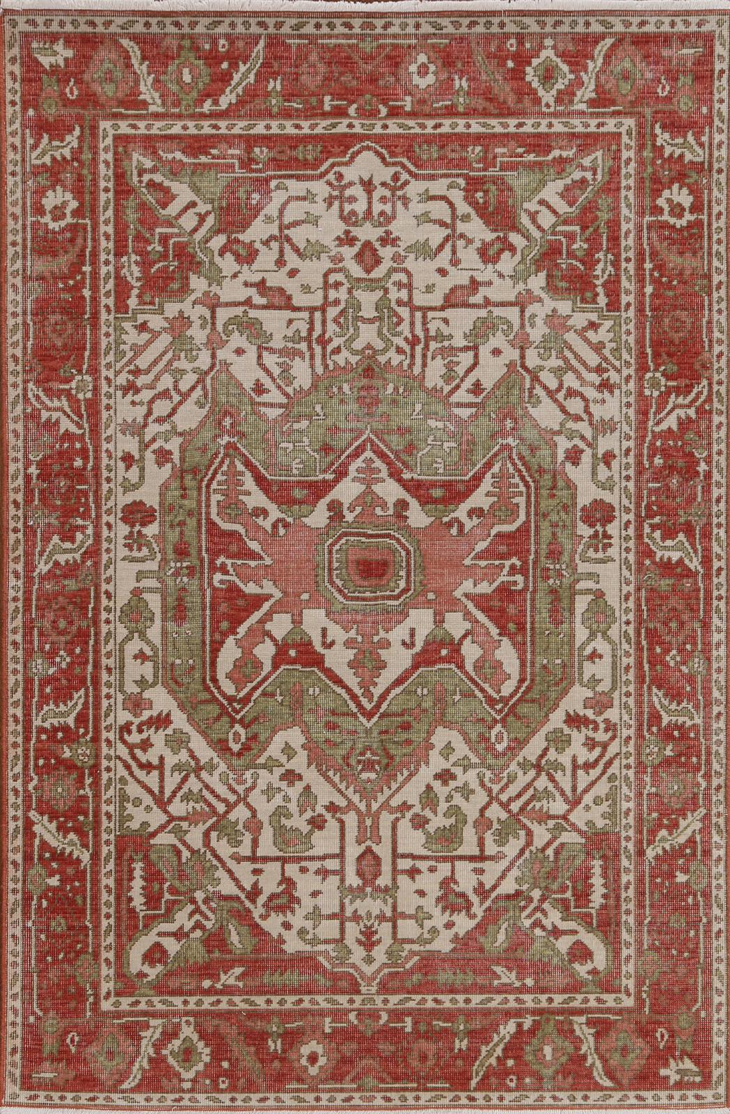 Handmade Heriiz Serapi Turkish Ivory/ Red Wool Rug 4×6 Geometric Oriental Carpet