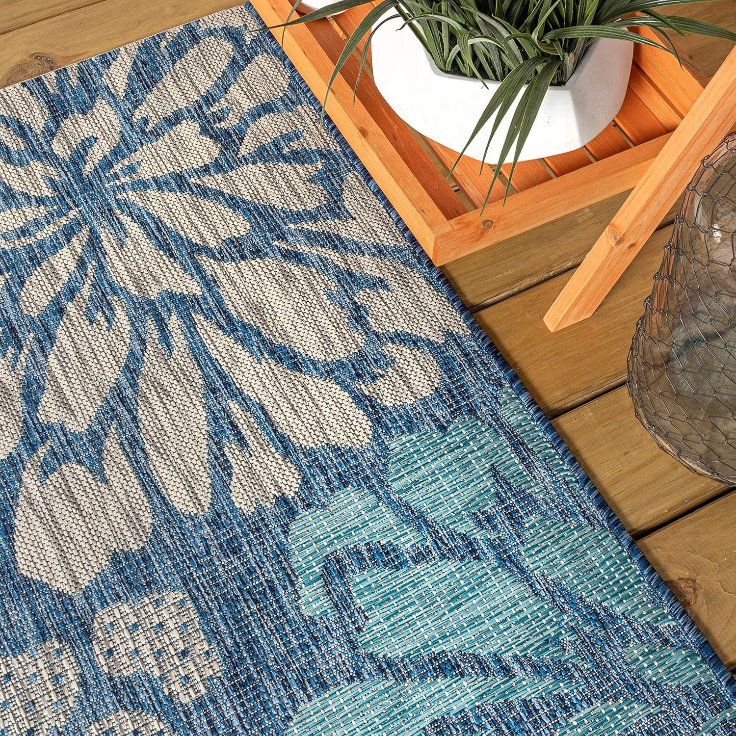 Floral Textured Weave Indoor Outdoor Area Rug 5X8 Navy/Aqua, Zinnia Modern for B