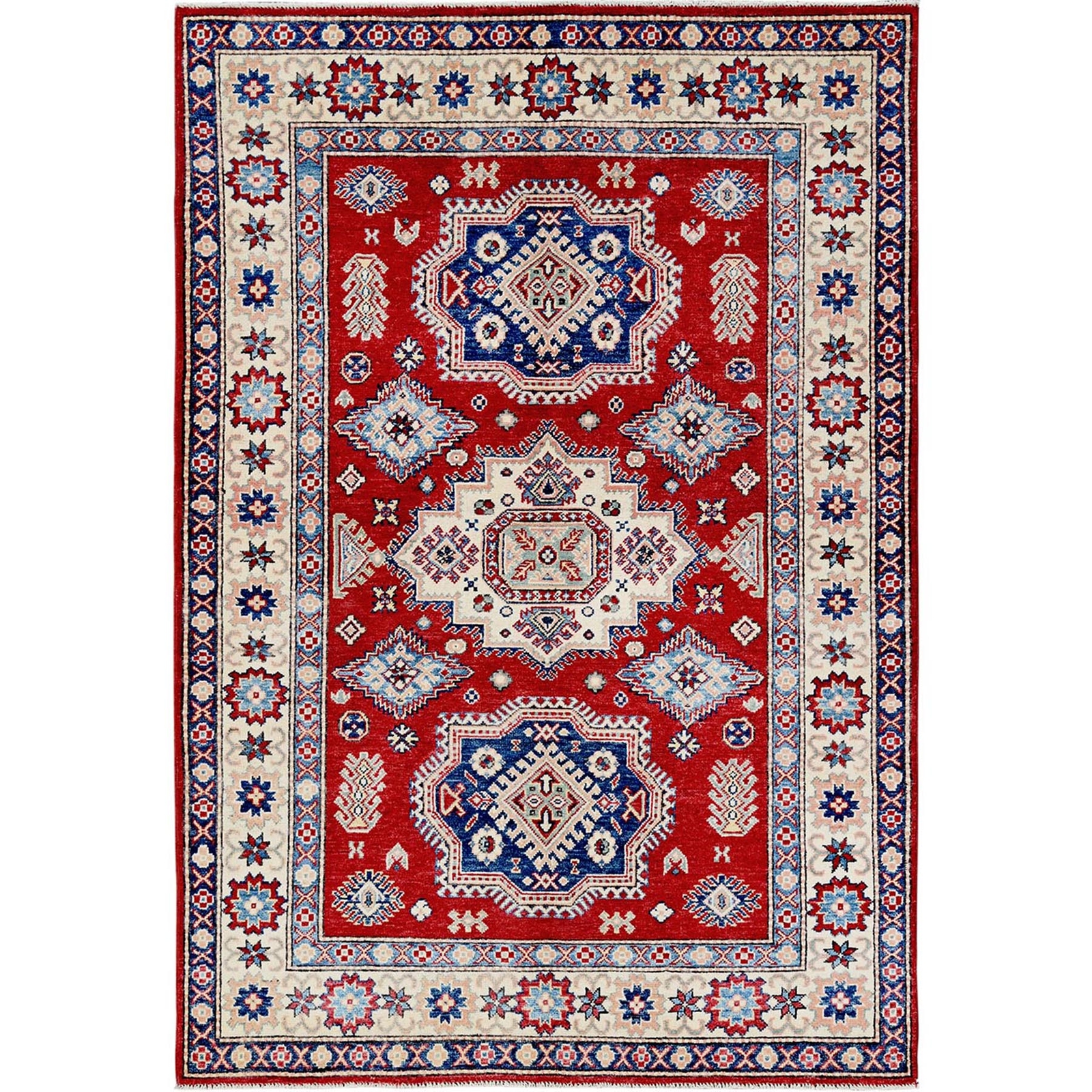 4’10″x7′ Red Kazak Geometric Design Hand Knotted Pure Wool Oriental Rug R330