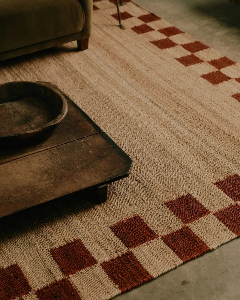 Nordic Knots Natural Jute Rug Red Check Border Graphic Modern Geometric