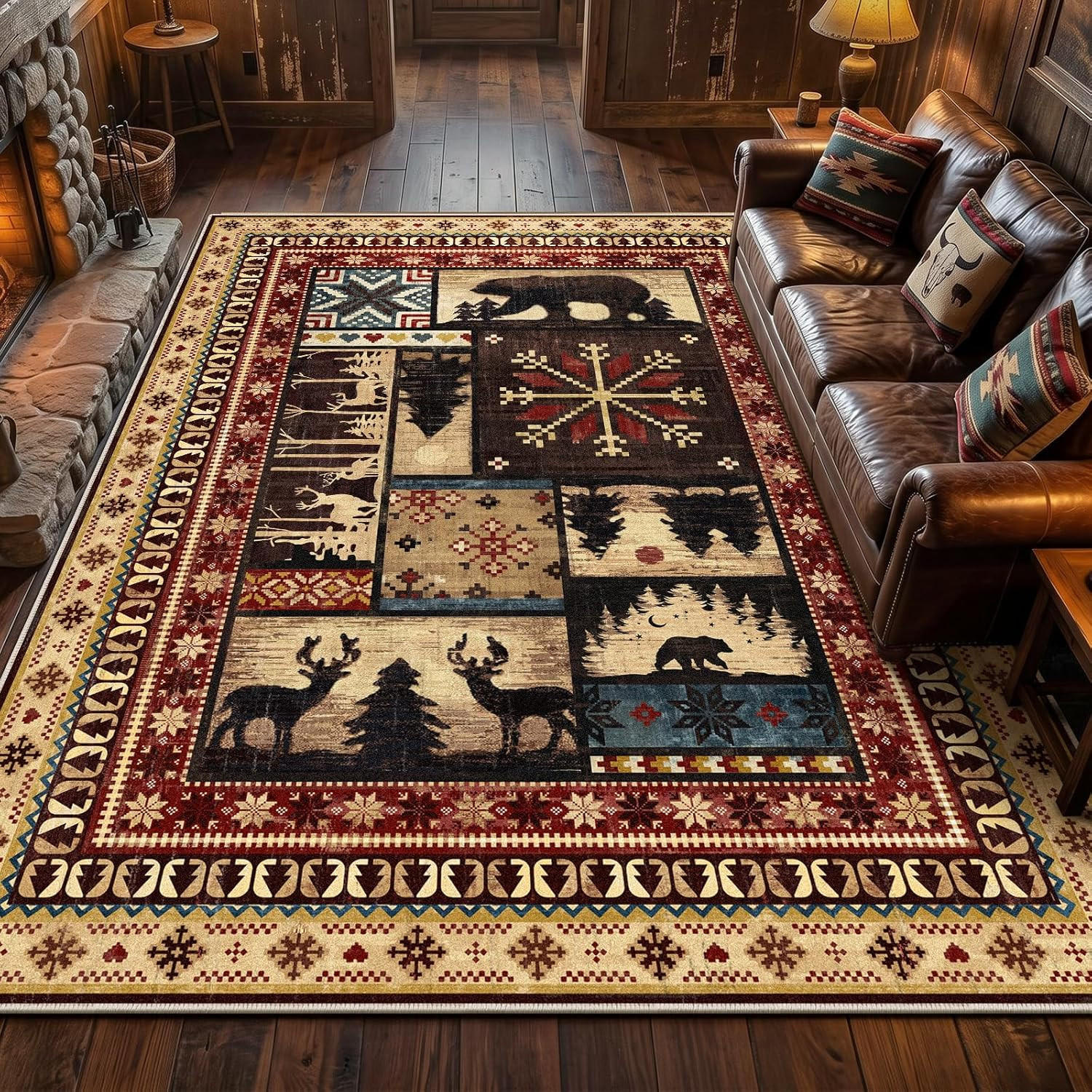 Rustic Cabin Area Rug 8×10, Machine Washable Bear Print Rug, Non-Slip Low Pile S