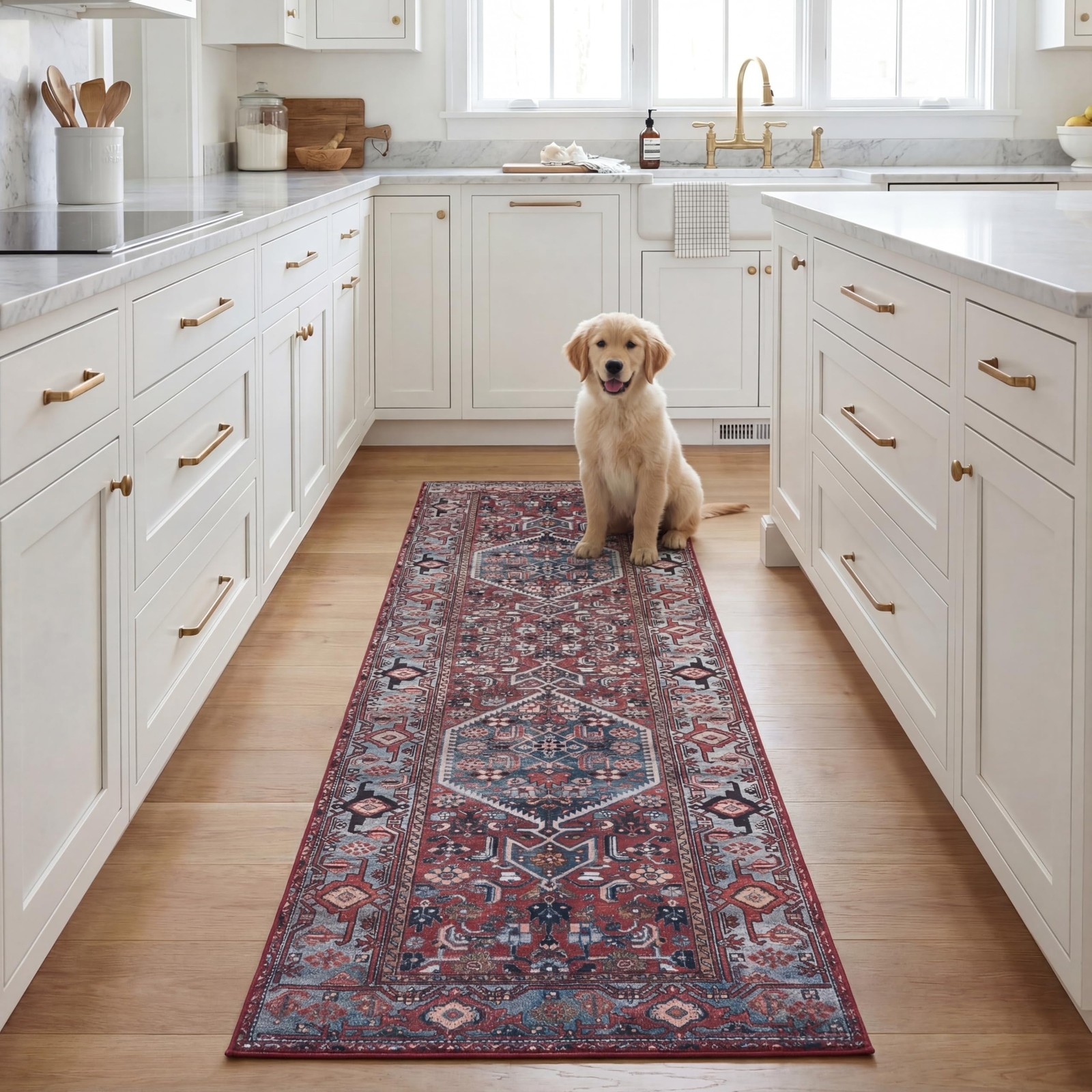 Washable Rug Tucson Collection – 2’6′ x 8′ Runner, Rust & Blue, Slip Resistan…