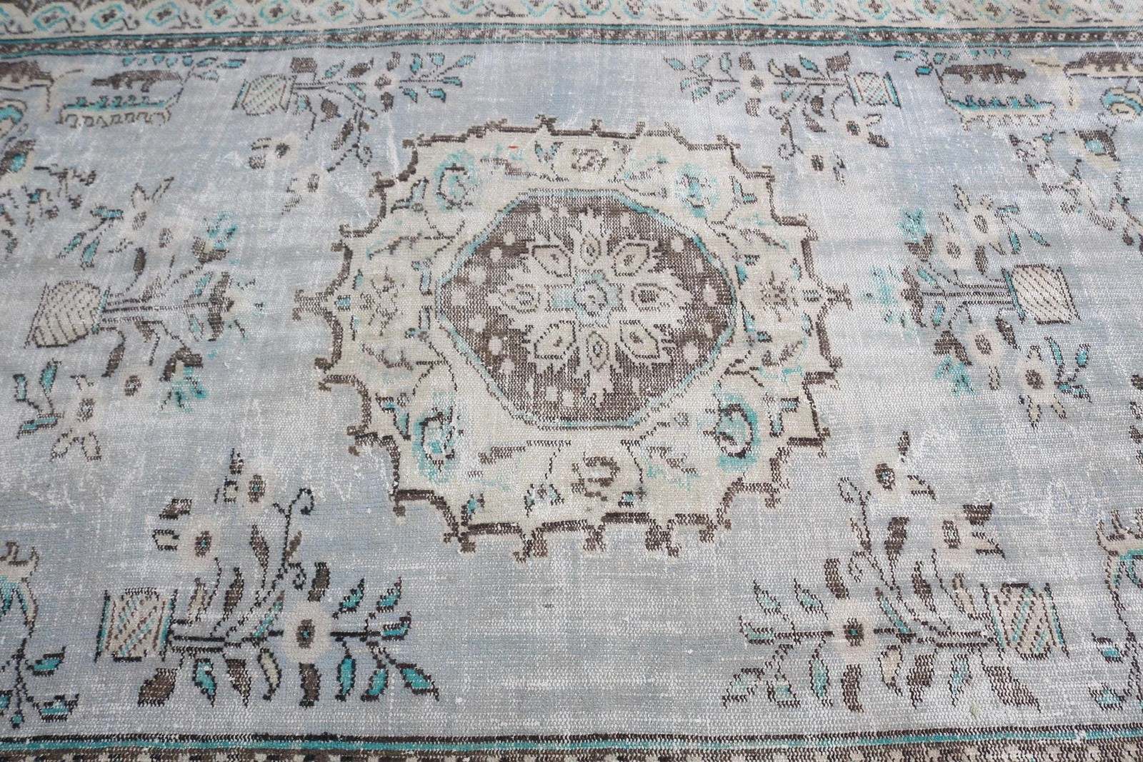 Vintage 5,9×9,6 ft Rug, Large Turkish Rug, Blue Gray Ombré Wool Rug