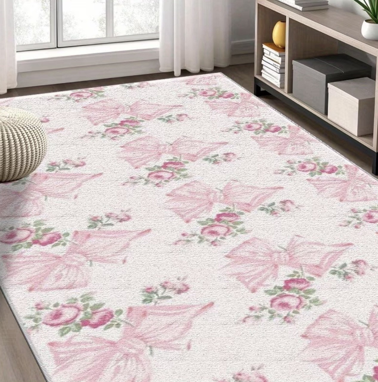 LoveShackFancy Inspired Pink Bow Floral Area Rug Coquette Shabby Chic Decor