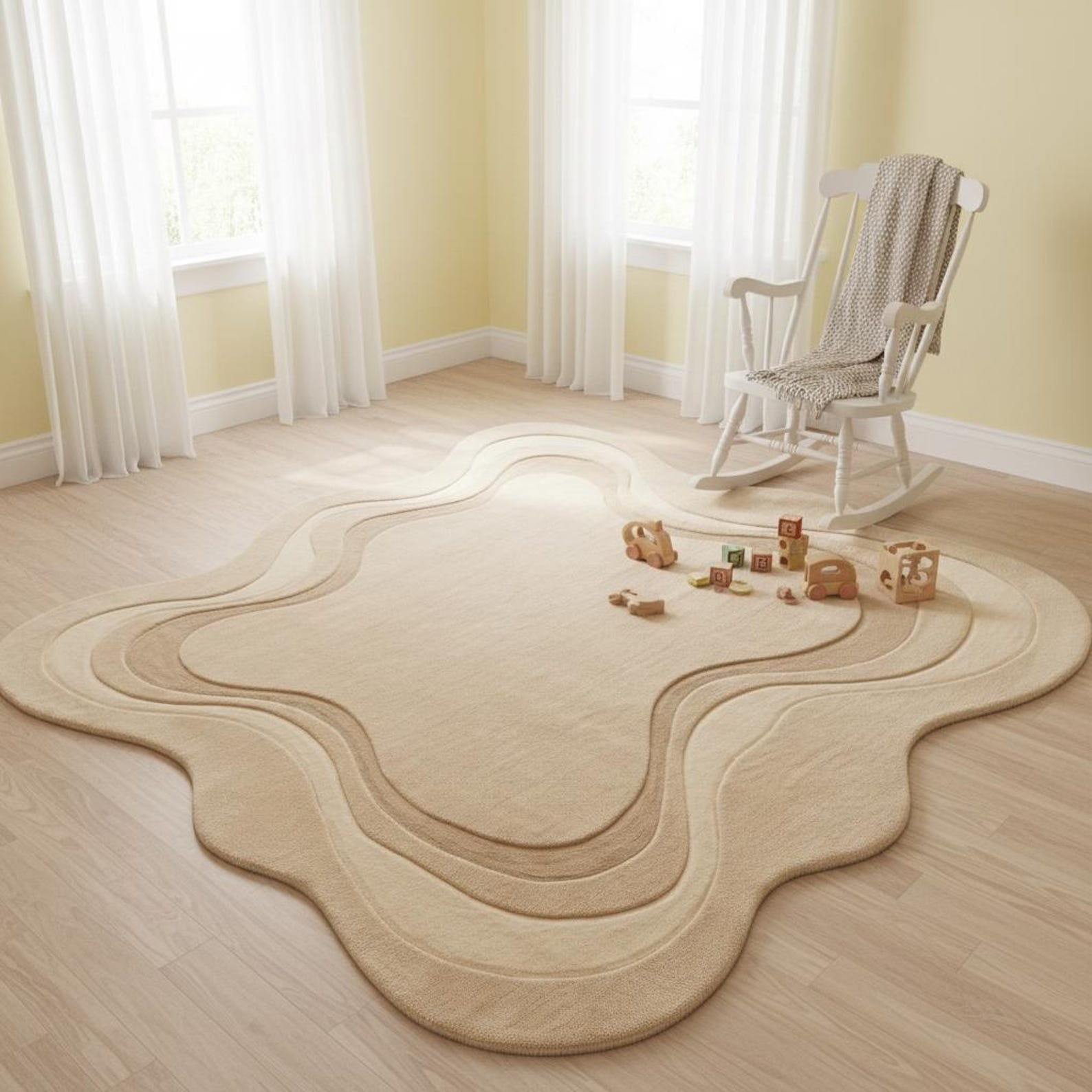 Modern 3D Carved Area Rug Sculpted Hand Tufted Plush Beige Abstract Wave Rug 5×5