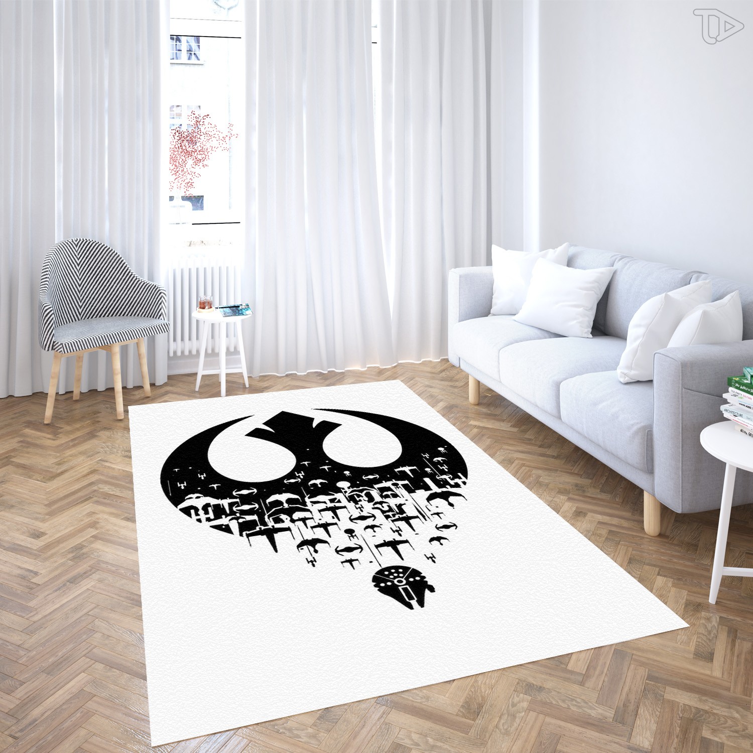 Minimalist Rebel Alliance Area Rug – Black & White Space Fleet Silhouette Art