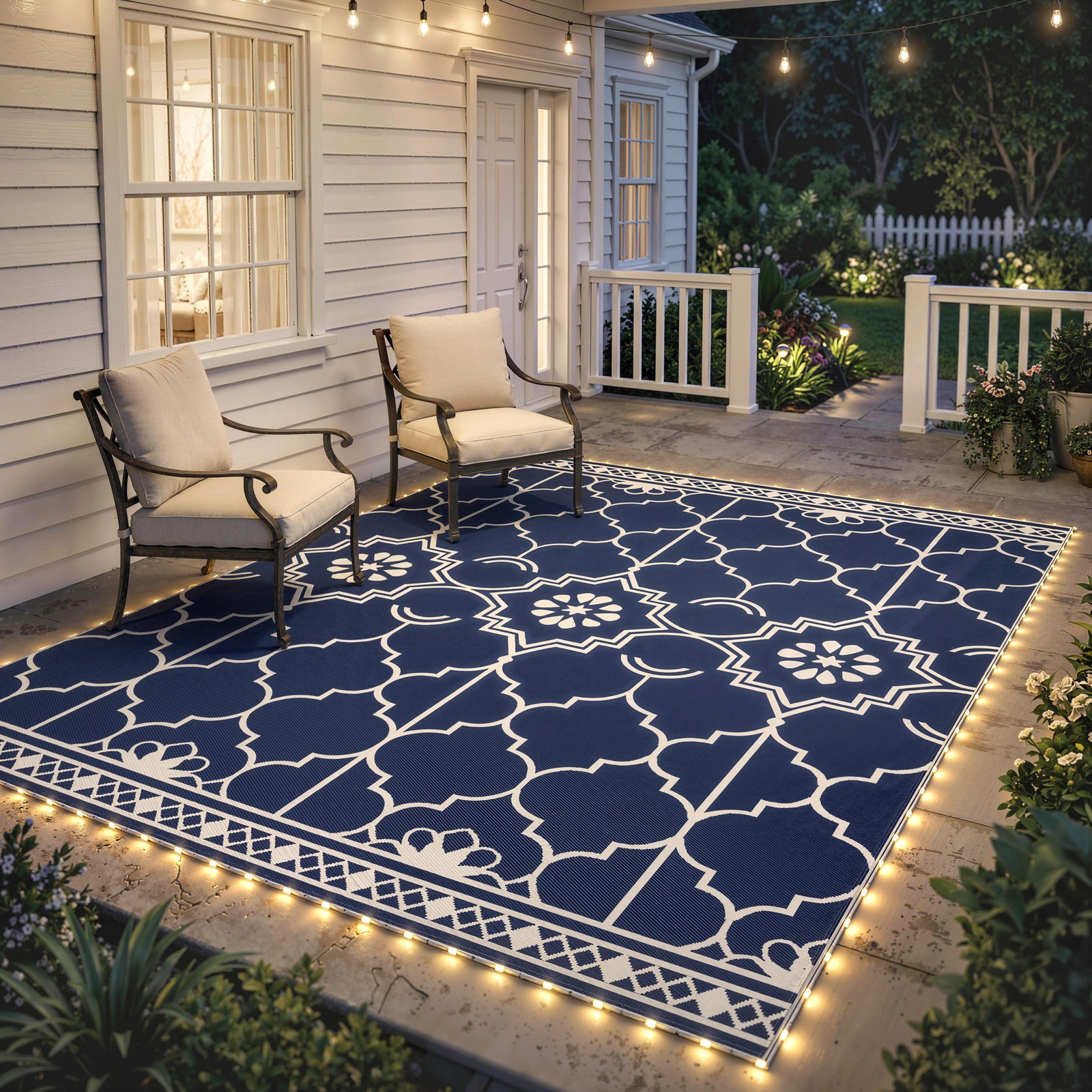 Outsunny Reversible Outdoor Rug Carpet with LED Lights, PP Straw Rug