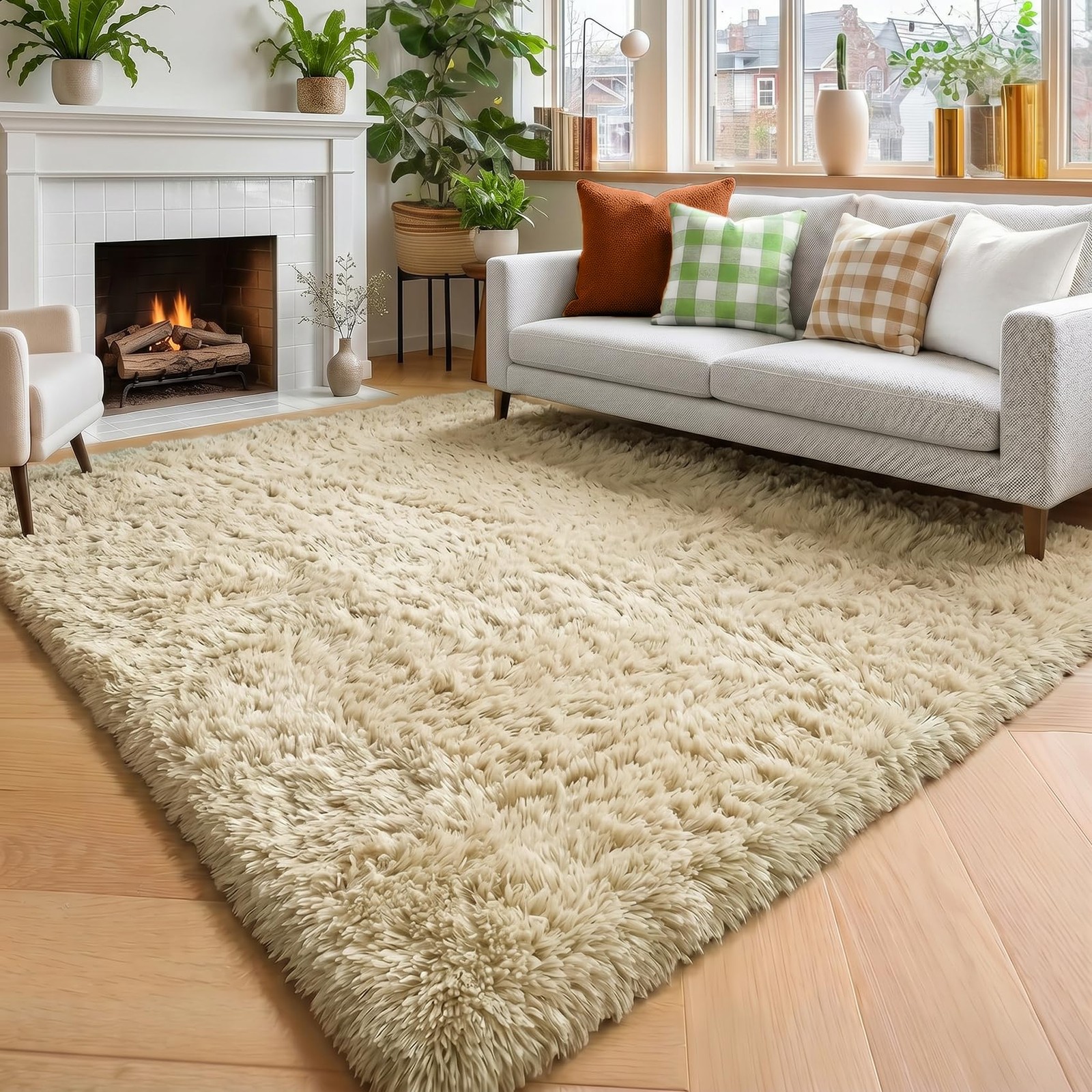 Best Amdrebio Beige Area Rugs for Bedroom Kids Room, 5×7 Fluffy Plush Shag Furry