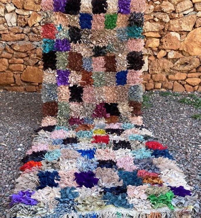 Moroccan Boucherouite Vintage Berber Rug, Unique Checketed Home Rug 2’6×7’5 ft