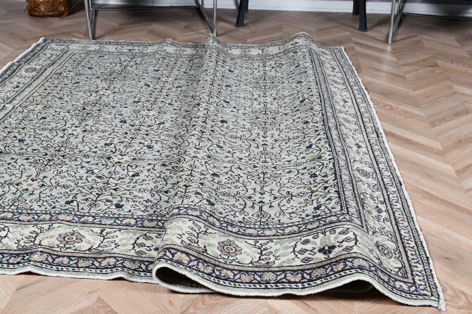 Vintage Turkish Rug, 6,46×8,9 ft Rug, Blue Gray Solid Rug