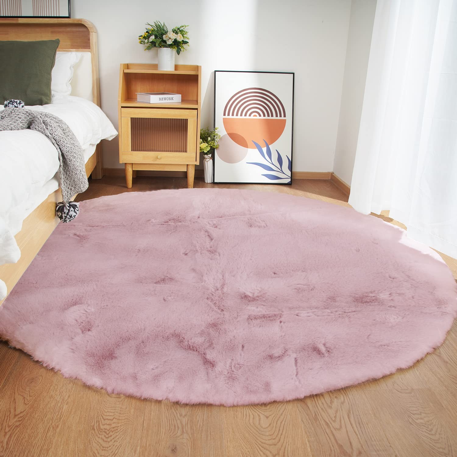 Ghouse Faux Rabbit Fur Round Rug 5ft Pink Round Rugs for Bedroom Decor Fluffy…
