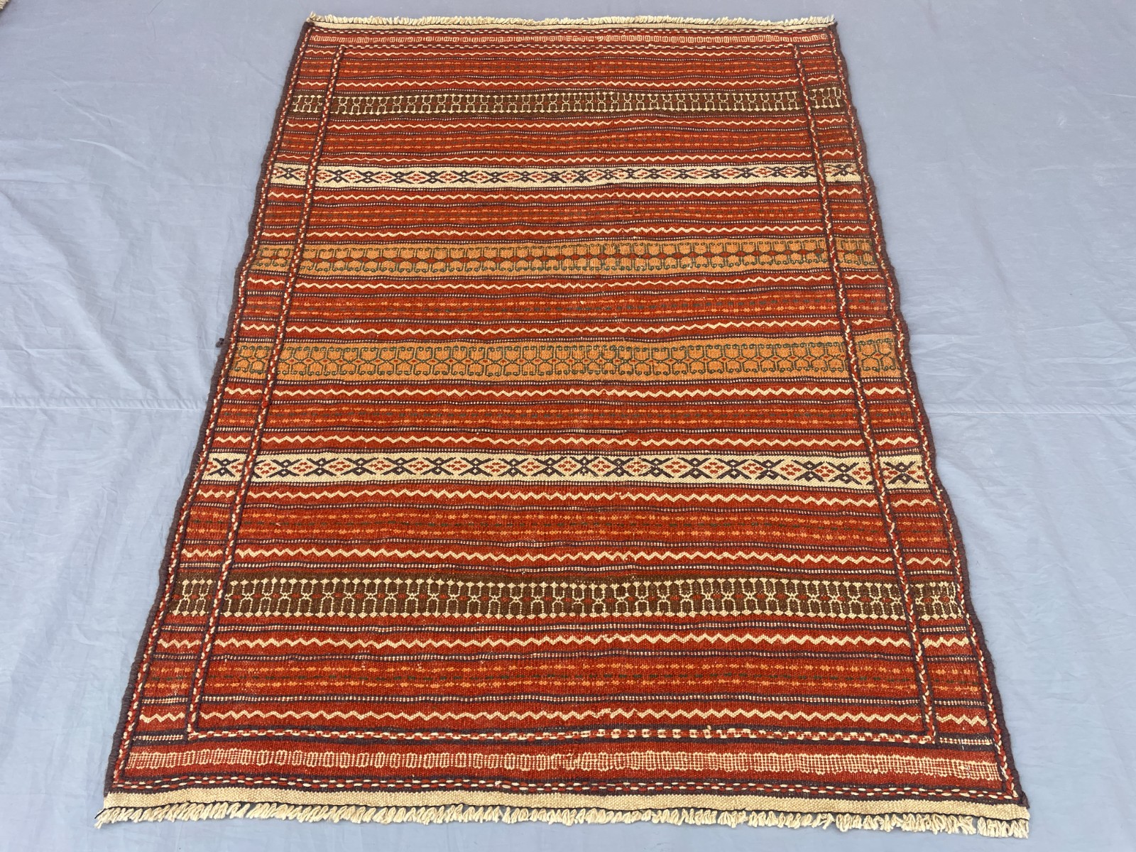 3’7 x 4’10 Ft Handwoven Afghan Kilim– Warm Red Orange Stripes Traditional Design