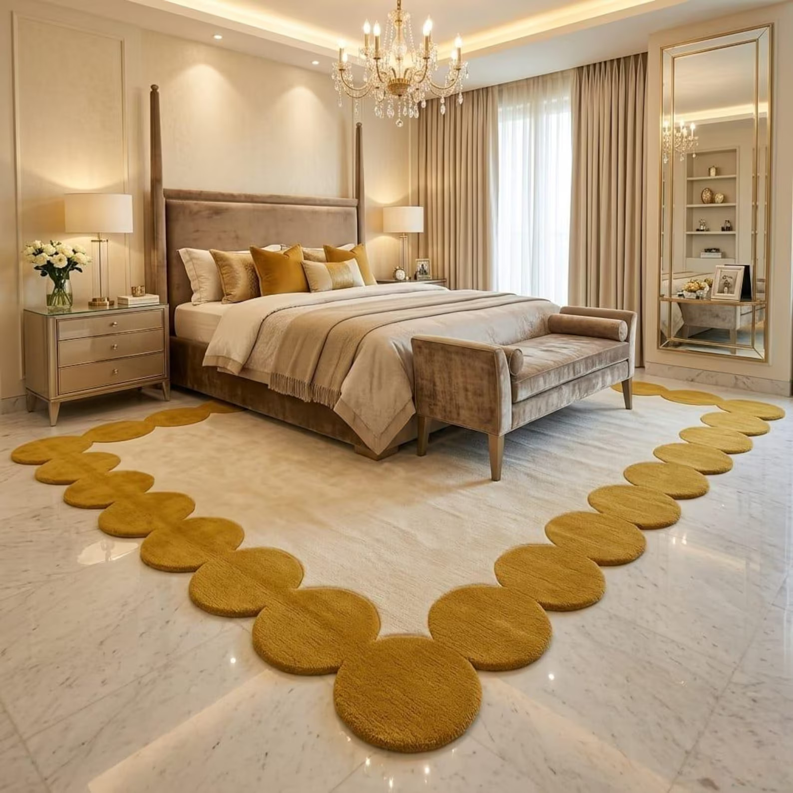 Luxury Hand Tufted Wool Area Rug Gold Mustard Scalloped Border Bedroom Carpet