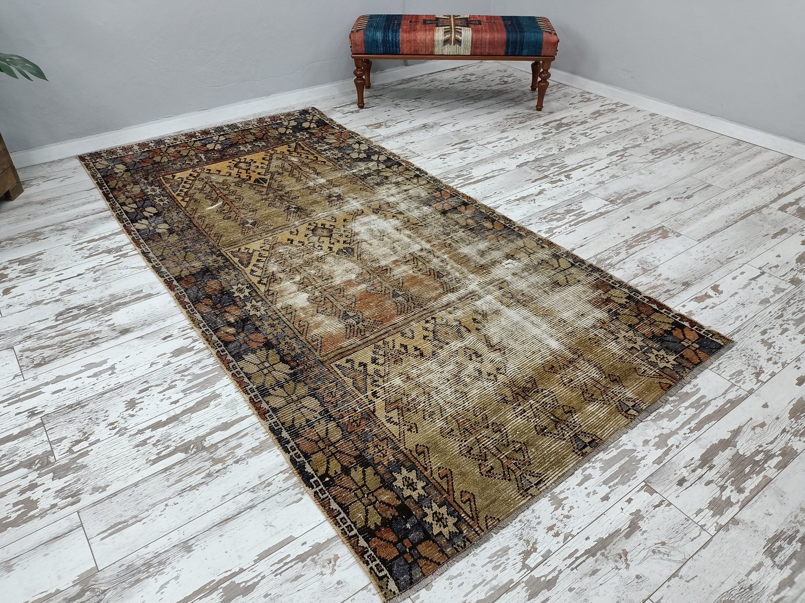 Turkish Handmade Rug Vintage Wool Ikat 4.6×9.7 Ft Rustic Nomadic Carpet