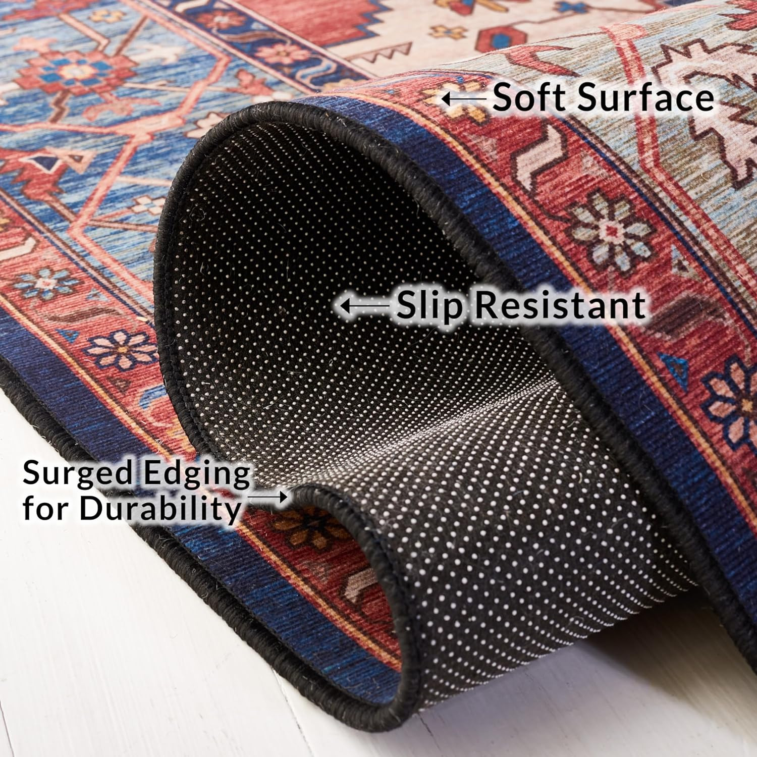 Tucson Washable Rug 6′ Square – Rust & Blue, Slip Resistant, Easy Care