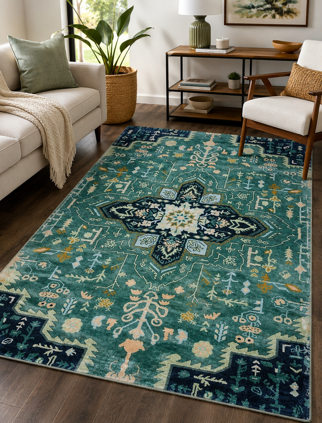 Hand Tufted Woolen Rug ANTHRO MARIBELLE TURQUOISE SILK Carpet for Living Room