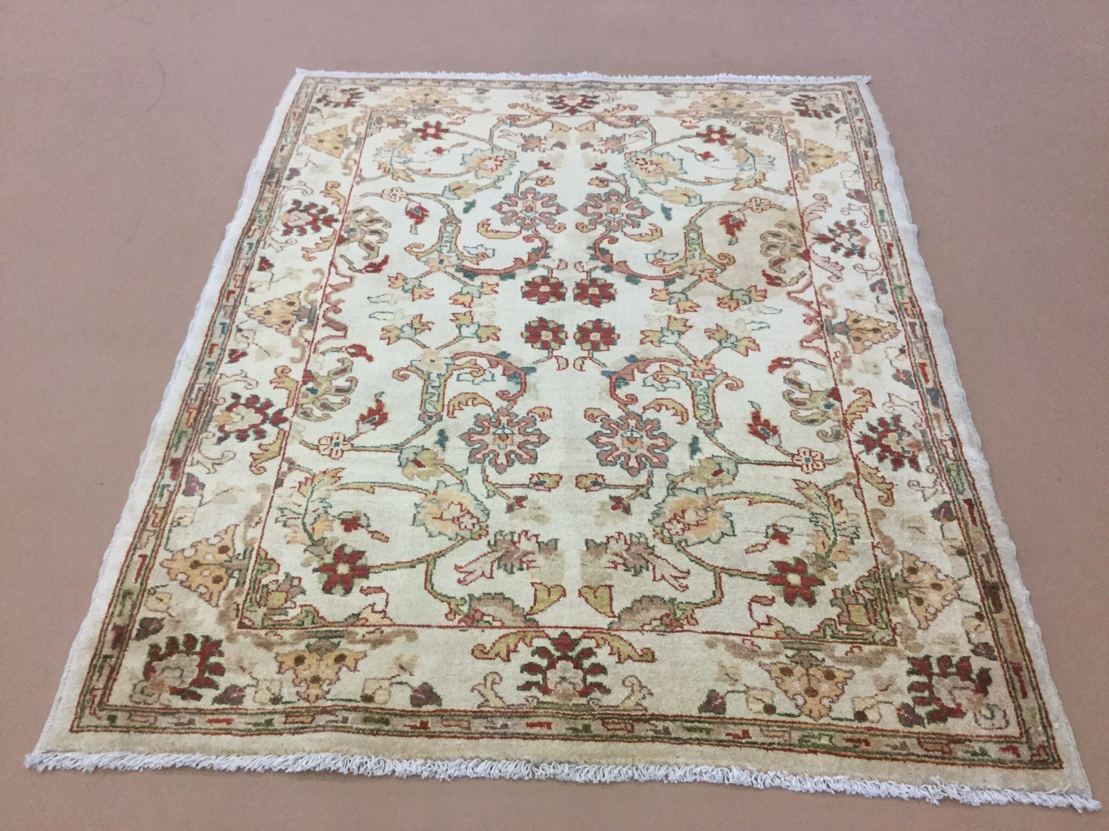 4′.3″ X 5′.2″ Square Beige Red Fine Ziegler Oriental Rug Hand Knotted Wool Foyer